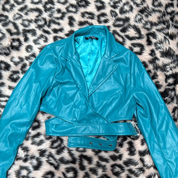 Capsule Chic Blue Faux Leather Cropped Belted Jacket - Picture 1 of 4